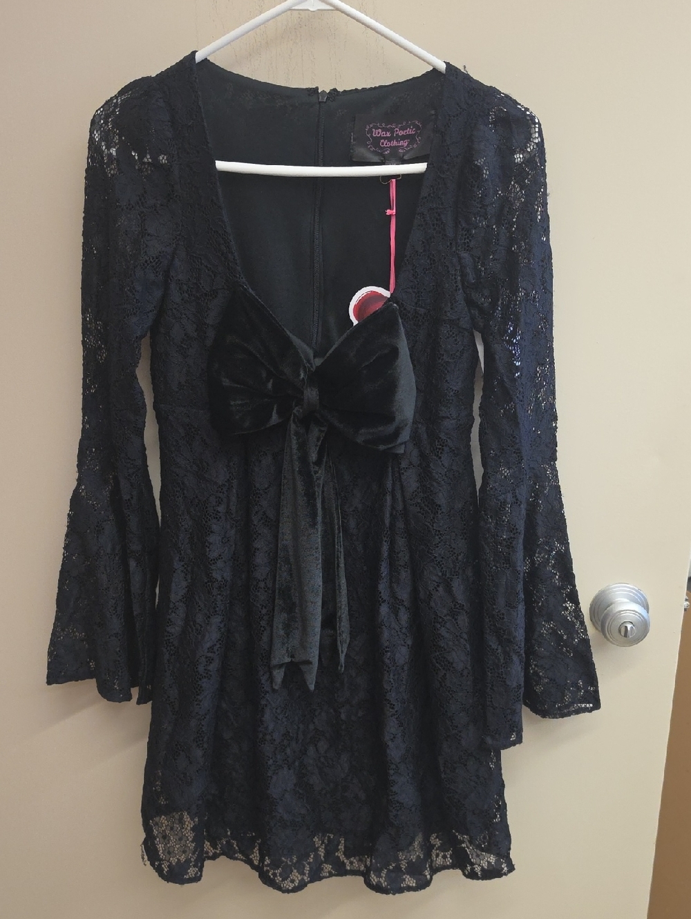 Viva Pecita Black Lace Long-Sleeve Dress with Velvet Bow
